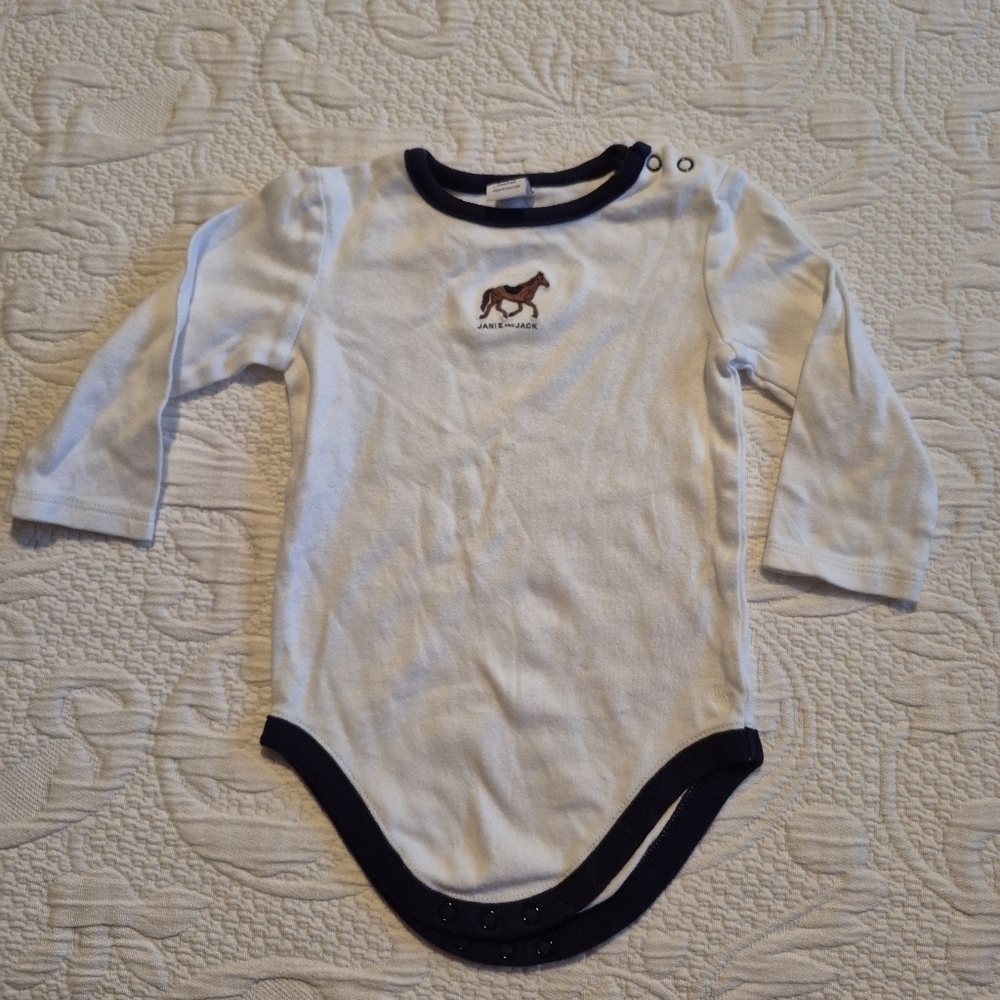Janie and Jack boys 6-12 months white with blue trim, has stains on front play